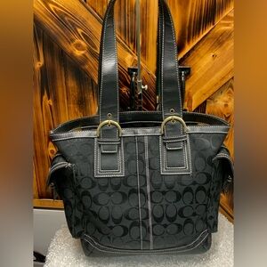 Black Signature Pattern Shoulder Tote with Leather Trim